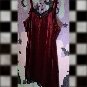 Red Velvet Dress - Black Lace, Butterfly Charm - Small Goth Grunge Witchy